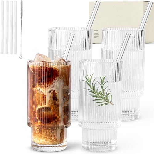 KIVY Geriffelte Gläser 4er Set mit Strohhalm - Longdrinkgläser - Riffle - Ripple Aesthetic - Gin - Cocktailgläser - Eiskaffee - Trinkglas von KIVY