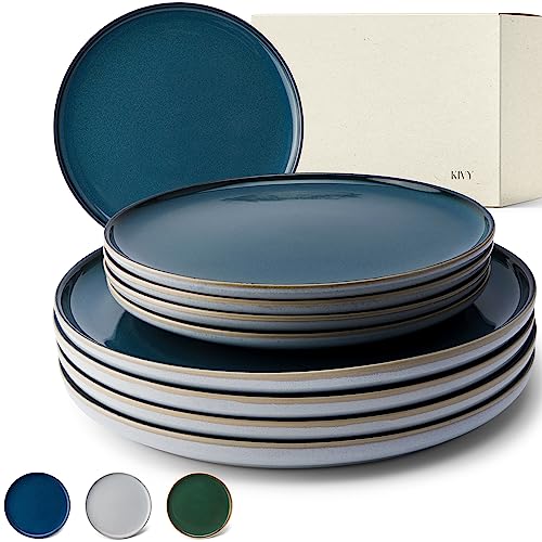 KIVY Steingut Geschirr Set 4 Personen [4x27cm + 4x22cm] - Geschirrset Teller - Steinzeug - Blau - Essteller - Tellerset - Tafelservice… von KIVY