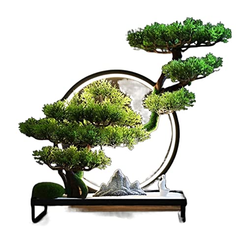 Künstlicher Bonsai 9 Zoll künstlicher Bonsai-Kiefer, realistische gefälschte Pflanzendekoration, Kunstanlagen mit Statuen von kleinen Mönchen, for Desktop-Display, Zen Garden Dekor Kunstpflanze von KIZQYN
