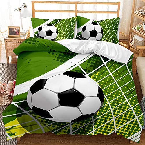 KLJFIGUT Bettwäsche 155x220 grüner Fußball Weiche Mikrofaser Bettbezug mit Reißverschluss, Bettwäsche-Sets für Kinder - 1 Bettbezüge und 2 Kissenbezüge 80x80 cm von KLJFIGUT