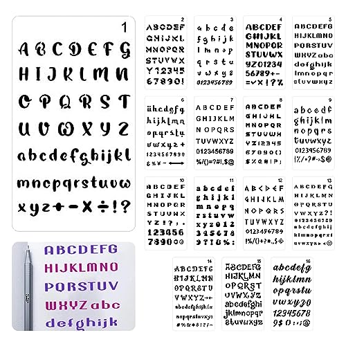16 Stück Buchstaben Schablonen, 16 styles Schriftart Klein Wiederverwendbare Kunststoff Alphabet Schablonen Zeichnen Schablonen Set für DIY Malerei Scrapbooking 17.8 x 10.2cm von KLOP256