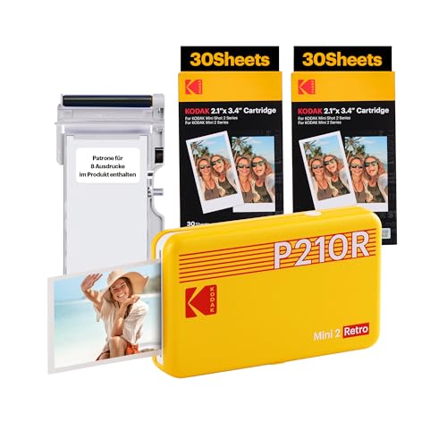 KODAK Mini 2 Retro 4PASS Mobiler Fotodrucker (5,3x8,6cm)- Paket met 68 Blatts, Gelb von KODAK