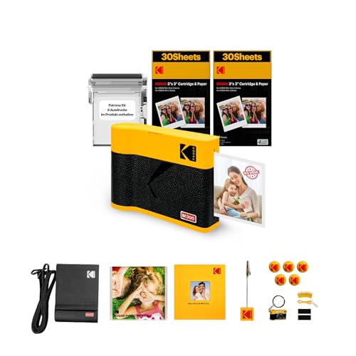 KODAK Mini 3 ERA 4PASS Mobiler Fotodrucker (7,6x7,6cm) (Gelb, Fotodrucker + Gift Paket met 68 Blatts) von KODAK