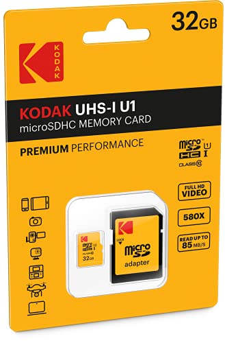 Kodak EKMSDM32GHC10K Premium 32GB microSDHC Speicherkarte, Highspeed, SD-Adapter UHS-I, U1, bis 85 MB/Sek. von KODAK