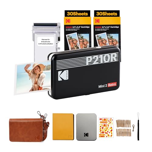 KODAK Mini 2 Retro 4PASS Mobiler Fotodrucker (5,3x8,6cm) - Gift Paket met 68 Blatts, Schwarz von KODAK