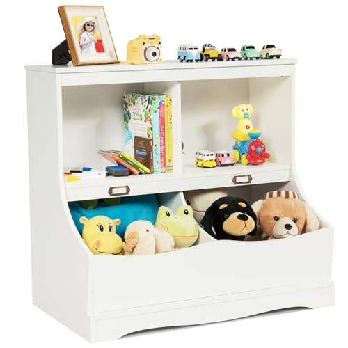 KOMFOTTEU Kinderregal mit 2 Fächern & 2 Aufbewahrungsboxen, Spielzeugregal aus Holz, Aufbewahrungsregal für Spielzeug und Bücher, Bücherregal, 67 x 40 x 62 cm (Weiß) von KOMFOTTEU