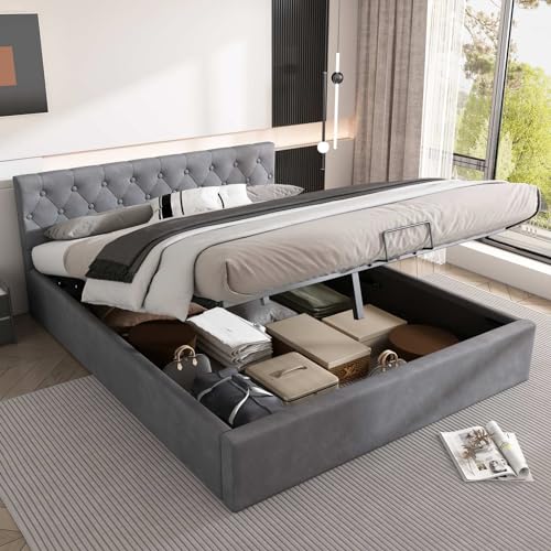 KOMHTOM Gepolstertes Bett mit Lattenrost aus Holz, Truhe mit Aufbewahrung unter Bett, Plattform-Bettrahmen, für Erwachsene, Jugendliche (ohne Matratze) (Grau, 140 x 200 cm) von KOMHTOM