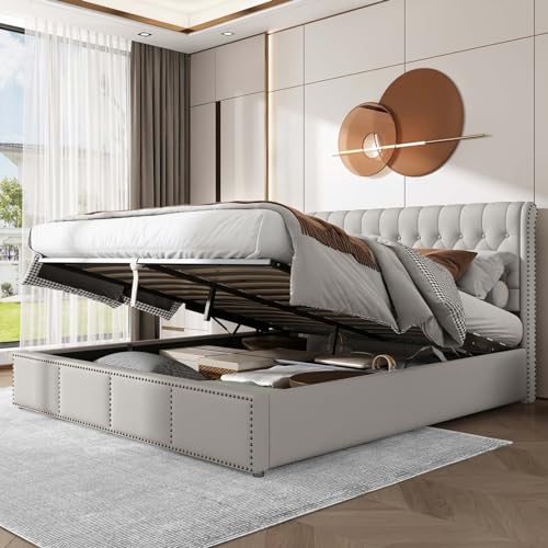 KOMHTOM Gepolstertes Bett mit Stauraum unter dem Bett, Doppelbett mit Lattenrost aus Holz und Kopfteil, Bettgestell, für Erwachsene, Jugendliche (ohne Matratze) (Beige, 160 x 200 cm) von KOMHTOM