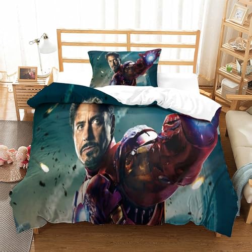 Iron Man Bettwäsche Bettdecken Set Weiche Angenehme Mikrofaser Kinder Erwachsene, 3D Druck Bettbezug Bettwäsche Set Single（135x200cm） von KONGNY