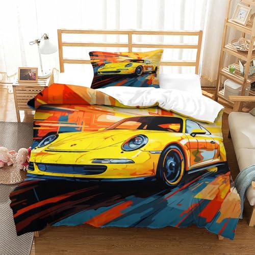 KONGNY Porsche Bettwäsche Set,Bettwäsche Bettbezug 3D Bettbezug,Drucken 2teilig,Microfaser Super Weiche Atmungsaktive Tröster Set Single（135x200cm） von KONGNY
