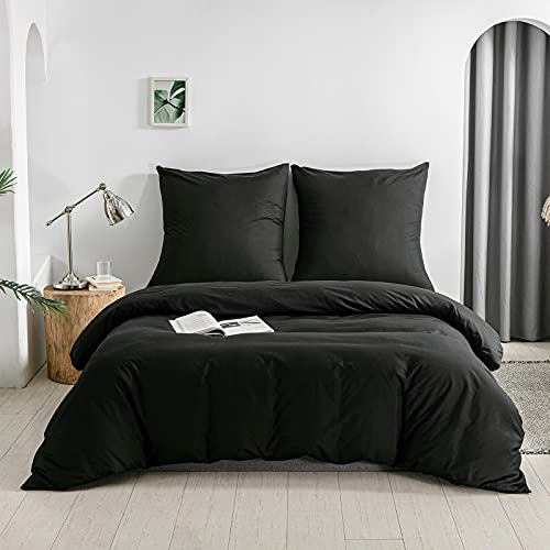 KONO gebürsteter Mikrofaser Bettbezug mit Reißverschluss Raffhalter + Kissenbezüge 80x80cm mit Umschlagverschluss (Schwarz, 135x200cm+80x80cmx1pc) DC-2 Set 135 BK von KONO