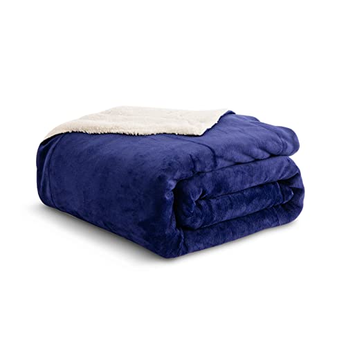 Kono Sherpa-Fleece-Überwurf, 130 x 150 cm, weich, gemütlich, flauschig, wendbar, Mikrofaser, solide Decken für Bett, Couch, Sofa (Marineblau, Reise/Einzelbett) von KONO