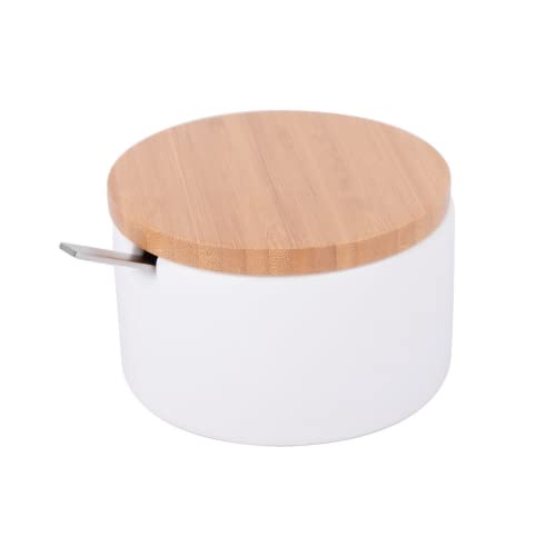 KOOK TIME Keramik Zuckerdose mit Löffel und Deckel aus Bambus -Zuckerlöffel für Haus und Küche, moderne Kugelform, für Zucker, Käse, Gewürze, 12.5 x 10 x 6.5 cm, Weiß von KOOK TIME