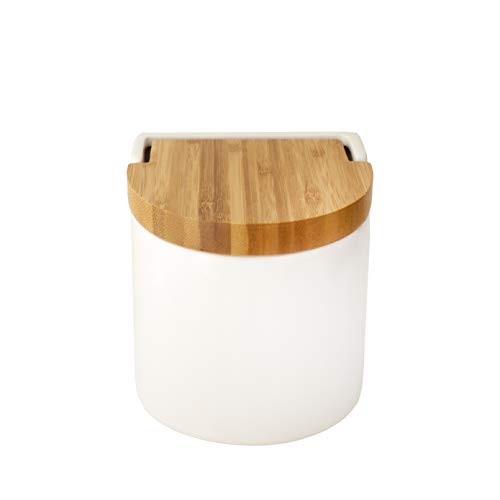 KOOK TIME Salzdose mit deckel | Salzbehälter für die küche, keramik | Salztopf mit deckel | Salzfass mit klappdeckel aus natürlichem umweltfreundlichem bambus | Maße 11,7 x 11,5 x 11,3 cm, weiß von KOOK TIME