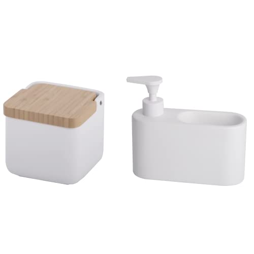 KOOK TIME Zubehör-Set für Küche - inkl. 1 x Salzdose mit deckel und 1 x seifenspender küche mit stauraum für wäscher oder schwamm - Keramik mattweiße und Bambus von KOOK TIME