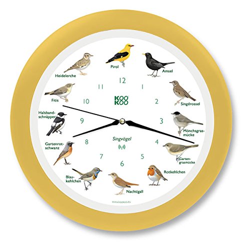KOOKOO Singvögel Creme-gelb, Die Singende Vogeluhr, mit 12 heimischen Singvögeln und echten, natürlichen Vogelstimmen, mit RC Funkquarzwerk von KOOKOO