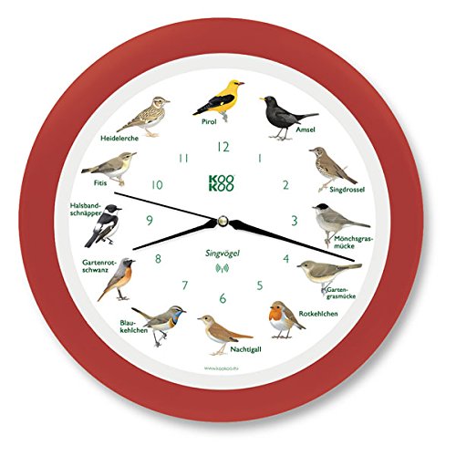 KOOKOO Singvögel Erdbeer-rot, Die Singende Vogeluhr, mit 12 heimischen Singvögeln und echten, natürlichen Vogelstimmen, mit RC Funkquarzwerk von KOOKOO