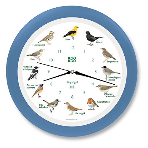 KOOKOO Singvögel Himmel-Blau, Die Singende Vogeluhr, mit 12 heimischen Singvögeln und echten, natürlichen Vogelstimmen, mit RC Funkquarzwerk von KOOKOO