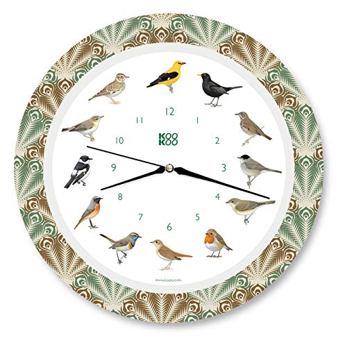 KOOKOO Singvögel Quarzwerk Feather Heart, Die Singende Vogeluhr, ist eine Uhr mit 12 heimischen Singvögeln und echten, natürlichen Vogelstimmen, 34cm von KOOKOO