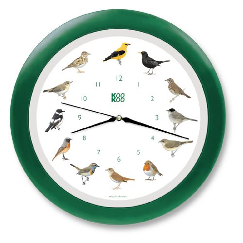 KOOKOO Singvögel Quarzwerk Grün, Die Singende Vogeluhr, runde Wanduhr mit natürlichen Vogelstimmen von KOOKOO