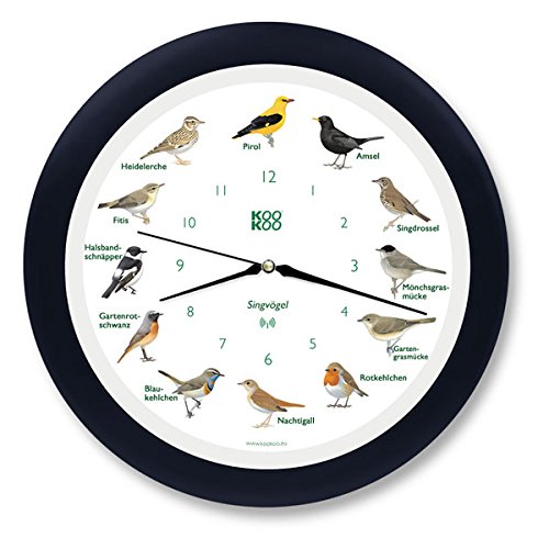 KOOKOO Singvögel Schwarz-Blau, Die Singende Vogeluhr, mit 12 heimischen Singvögeln und echten, natürlichen Vogelstimmen, mit RC Funkquarzwerk von KOOKOO