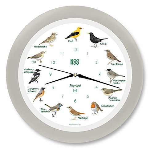 KOOKOO Singvögel Seiden-Grau, Die Singende Vogeluhr, mit 12 heimischen Singvögeln und echten, natürlichen Vogelstimmen, mit RC Funkquarzwerk von KOOKOO