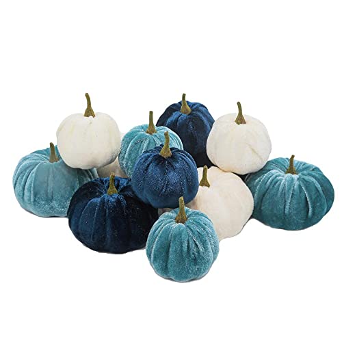 KOOMAL 12 Stück Samt-Mini-Kürbis-Dekoration, künstlicher Kürbis für Halloween, Herbsternte, Erntedankfest, Herbstdekoration (blau) von KOOMAL