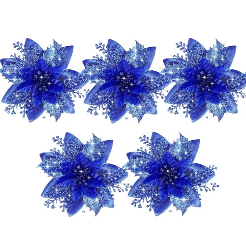 KOOMAL 5 x glitzernde Weihnachtssterne, künstliche Blumen, Weihnachtsbaumschmuck (Clips nicht im Lieferumfang enthalten) (dunkelblau) von KOOMAL