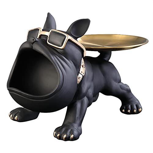 KOOMAL Cool Bulldog Sculpture, Resin French Bulldog Statue with Stainless Steel Tray, Coins Piggy Bank Storage Animal Dog Sculpture Desktop Ornament (Black) von KOOMAL