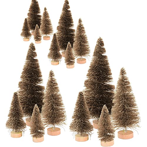KOOMAL Mini-Weihnachtsbäume, 4 Größen, Sisalbäume, künstliche Weihnachtsbäume, Set mit Flaschenbürste, für den Schreibtisch, Weihnachtsdekoration (braun), 16 Stück von KOOMAL