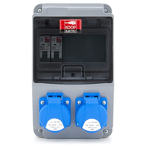 KOOP Elektro Verdrahtet Baustromverteiler Stromverteiler Wandverteiler mit Sicherungen und Schuko Steckdosen 2x230V + 2x Leitungsschutzschaltern C16 1-polig, IP54, für Indoor/Outdoor-Bereich von KOOP ELEKTRO