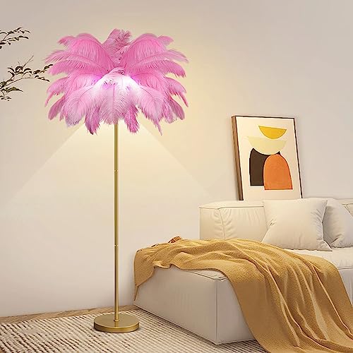 KOSHSH Federlampe Stehlampe Wohnzimmer Gold, 160CM LED Feder Stehlampe Mit 3-Farbig Dimmbarem Moderne Stehlampe Mit Federn Für Schlafzimmer (Rosa) von KOSHSH