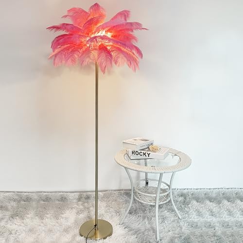 KOSHSH Stehlampe Federn Gold,Modern Feder Lampe Stehlampe Wohnzimmer 160cm LED Stehlampe federlampe mit 3-Farbig Dimmbarem Stehleuchte Für Esszimmer, Sofa, Ecke (Pink) von KOSHSH