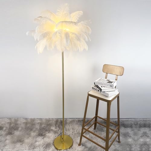 KOSHSH Stehlampe Federn Gold,Modern Feder Lampe Stehlampe Wohnzimmer 160cm LED Stehlampe federlampe mit 3-Farbig Dimmbarem Stehleuchte Für Esszimmer, Sofa, Ecke (White) von KOSHSH