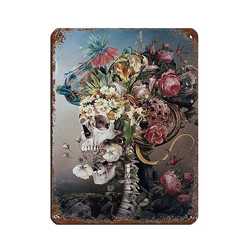 KOURT Blechschild, Motiv Blumen und Totenköpfe, Aufschrift "Life And Death", Vintage-Stil, Metall, Pub, Club, Café, Bar, Zuhause, Wandkunst, Dekoration, Poster, Retro, 30 x 40 cm von KOURT