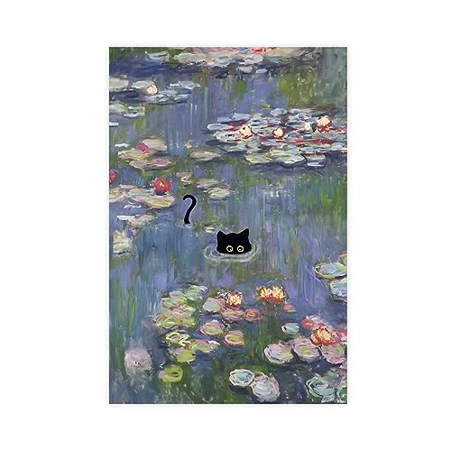 KOURT Katze Monet Herbst Seerose Lustiges Poster Leinwand Poster Wandkunst Dekor Druck Bild Gemälde für Wohnzimmer Schlafzimmer Dekoration Unrahmen: 40 x 60 cm von KOURT