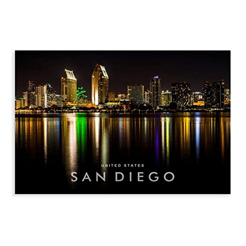 KOURT San Diego Skyline Nacht Blick auf US Städte Leinwand Poster Schlafzimmer Dekor Sport Landschaft Büro Zimmer Dekor Geschenk Rahmen: 50 x 75 cm von KOURT