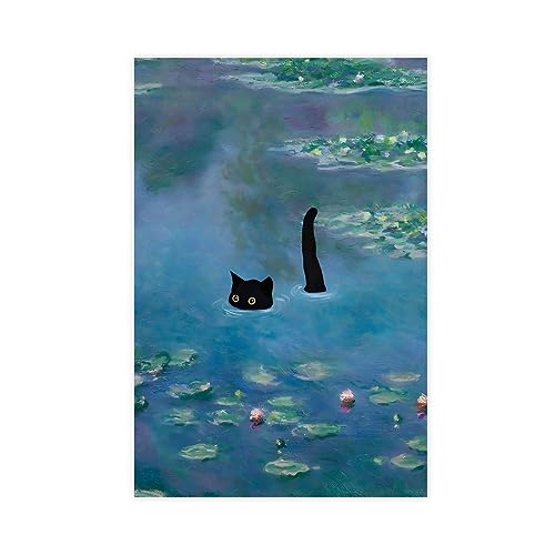 KOURT Schwarze Katze Monet Wasserlilie Lustiges Poster Leinwand Poster Schlafzimmer Dekor Sport Landschaft Büro Zimmer Dekor Geschenk Unrahmen: 30 x 45 cm von KOURT
