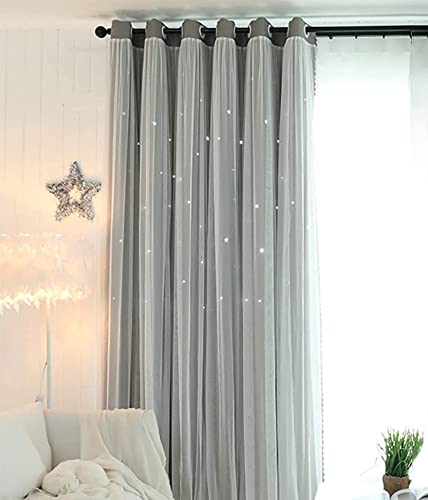 KRUIHAN Blickdicht Gardinen mit Ausgehöhlten Sternen für Schlafzimmer, Thermogardinen Vorhang Blickdicht, 200x270cm(Breite x Höhe), Grau, 1 Stück von KRUIHAN