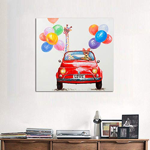 Handgemalte Cartoon Kunst Gemälde Tiere Ein Auto Fahren Bunten Leinwandbild Ölgemälde Stretch und Gerahmt Haus Wand-Deko Ölgemälde,Noframe,60x60cm von KSTORE