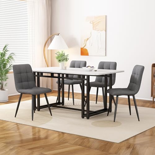 120x70cm Esstisch mit 4 Stühlen Set,Moderne Küche Esstisch Set, Schwarz Eisen Beintisch (Hellgrauer Esszimmerstuhl) von KUAKE