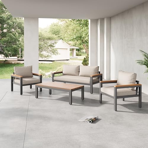 KUAKE Garten Loungeset mit verzinktem Stahlrahmen, Akazienholz-Tischplatte und Armlehnen - stilvolle und Bequeme Outdoor-Möbel (Beige) von KUAKE