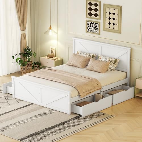 KUAKE Doppelbett 160x200cm, einfaches Doppelbett aus Holz mit Vier Schubladen,aus Massivholz und MDF gefertigt (Weiß) von KUAKE