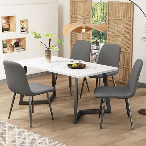 KUAKE Essgruppe, (5-TLG),Esstisch mit 4 Stühlen Moderner Küchentisch Set, Esszimmerstühle in modernem Design mit Rückenlehne,Beine aus Metall,Graue Leinen (Schwarze Tischbeine) von KUAKE