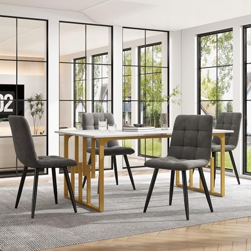 KUAKE Essgruppe (5-TLG) Esstisch mit 4 Stühlen Set, Moderner Küchentisch Set, 140×80cm mit Golden Metallbeinen Spleißen von Tischplatten,Samt Esszimmerstühle (Dunkelgrau-B) von KUAKE