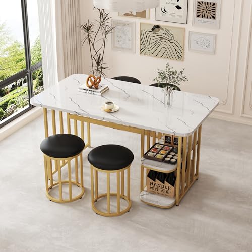 KUAKE Esstisch-Set, moderner Esstisch 140x80x75cm mit 4 Stühlen, Esstisch mit Stauraum, Esszimmerstühle, Weiß und Gold von KUAKE