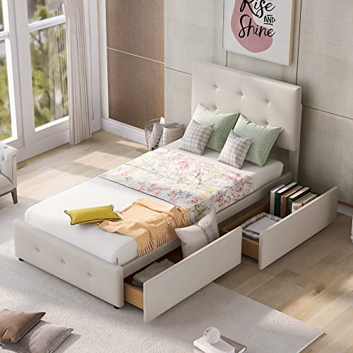 KUAKE Polsterbett Bett mit Lattenrost 90 x 200 cm, Rückenlehne und Zwei Schubladen, hautfreundlicher Samtstoff flaches Einzelbett Kinderbett Jugendbett Gästebett(Beige) von KUAKE