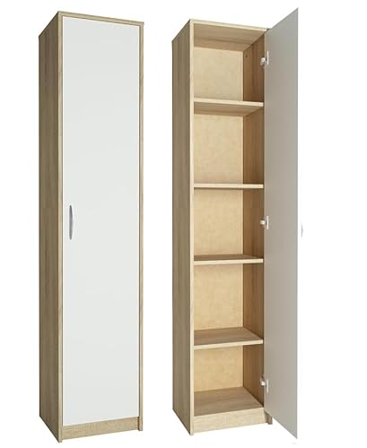 KUBUTKU Praktische Schrank 180x39x35cm Kleiderschrank mit 1 Türen 4 Ablagen Mehrzweckschrank Büroschrank Haushaltsschrank (Weiß/Sonoma) von KUBUTKU