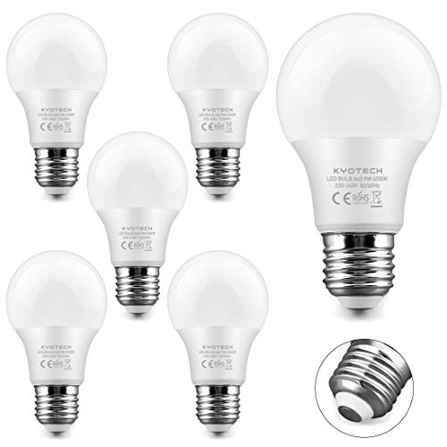 KYOTECH E27 LED Lampe Kaltweiß 9W Ersetzt 75W 780LM 6500K Led Leuchtmittel 220° Abstrahlwinkel Glühbirne A60 Leuchtmittel Energiesparlampe Led Birne Flimmerfreies und Geräuschlose 6er Set von KYOTECH