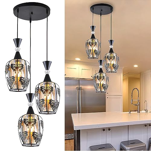 KZT Hängelampe 3 Flammig Retro Industrial Pendelleuchte E27 Vintage Käfig Lampenschirme Hängeleuchte Verstellbare Esszimmerlampe für Esszimmer Esstisch Küche Wohnzimmer Cafe Schmetterling Design von KZT